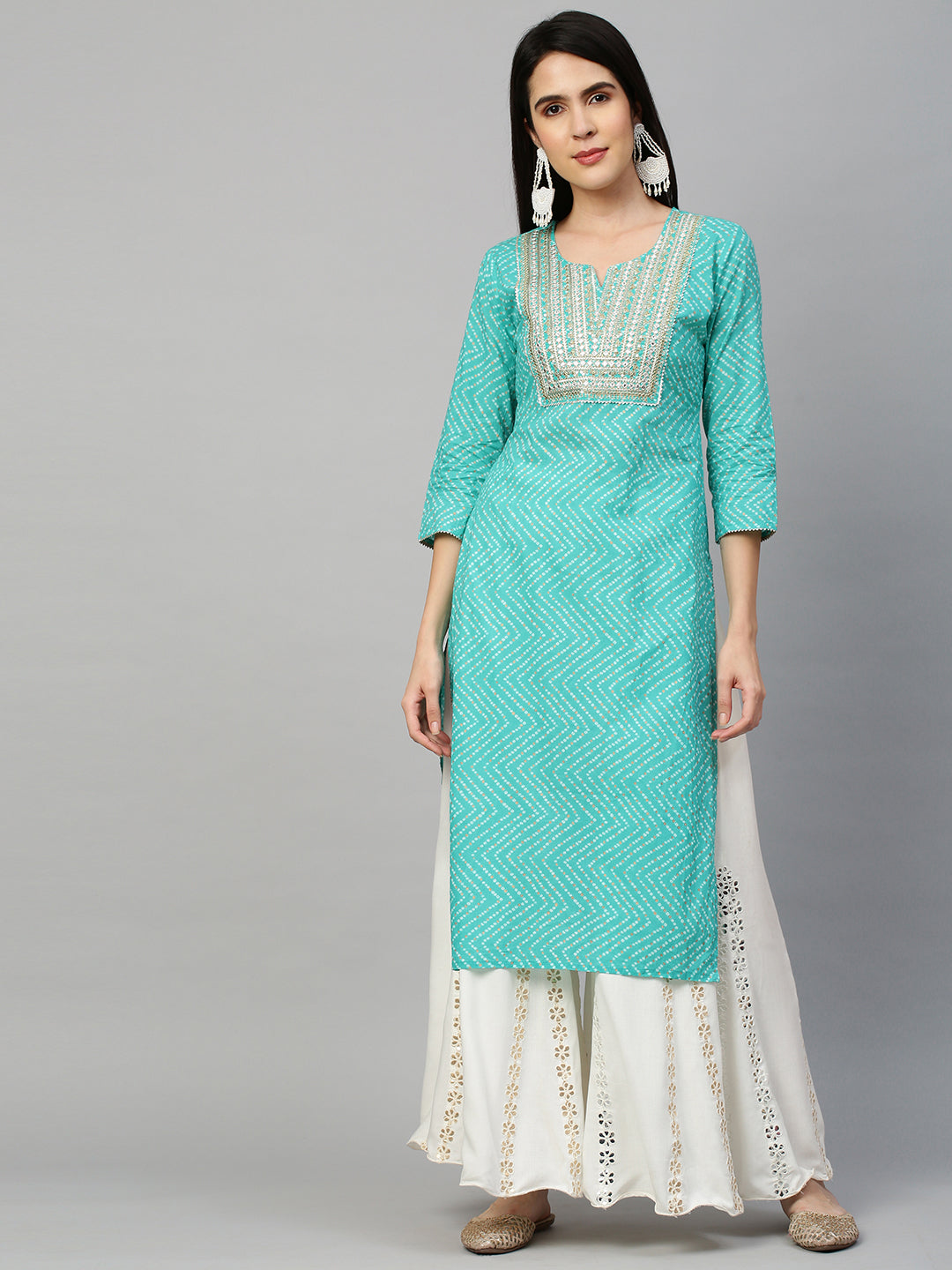 Bandhej Printed & Embroidered Kurta - Sea Green