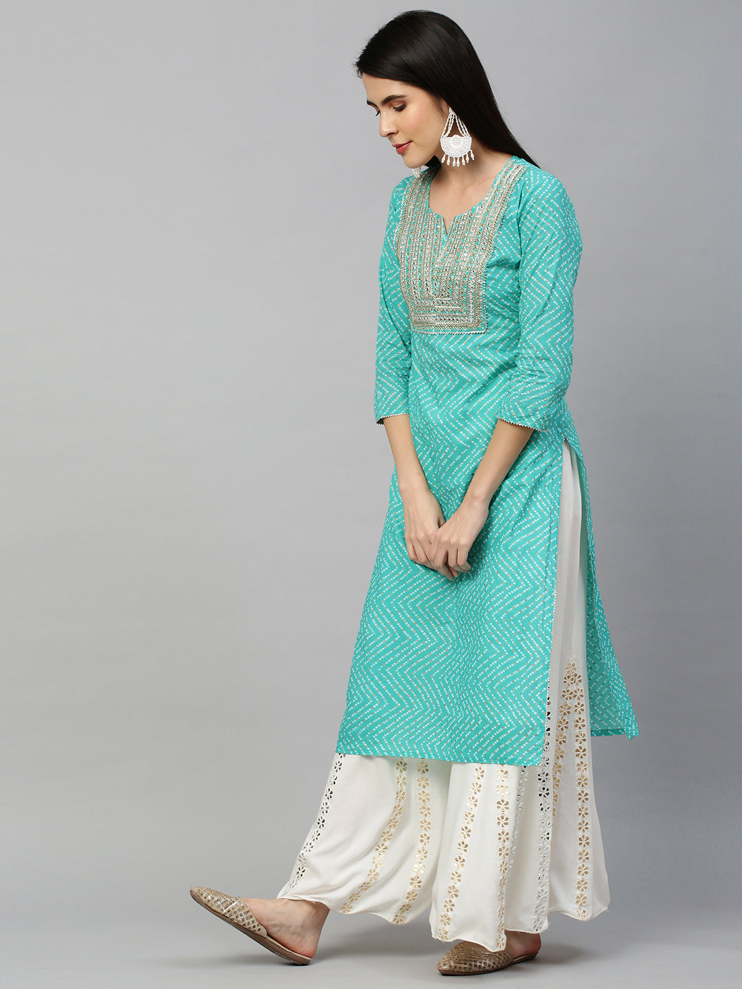 Bandhej Printed & Embroidered Kurta - Sea Green