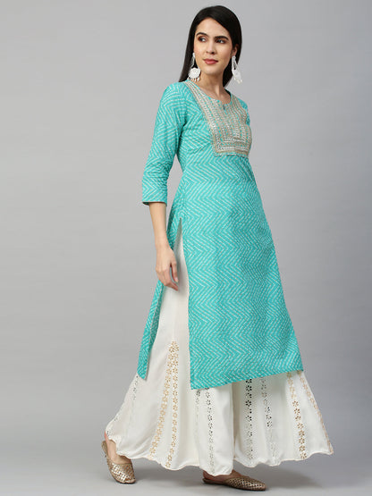 Bandhej Printed & Embroidered Kurta - Sea Green