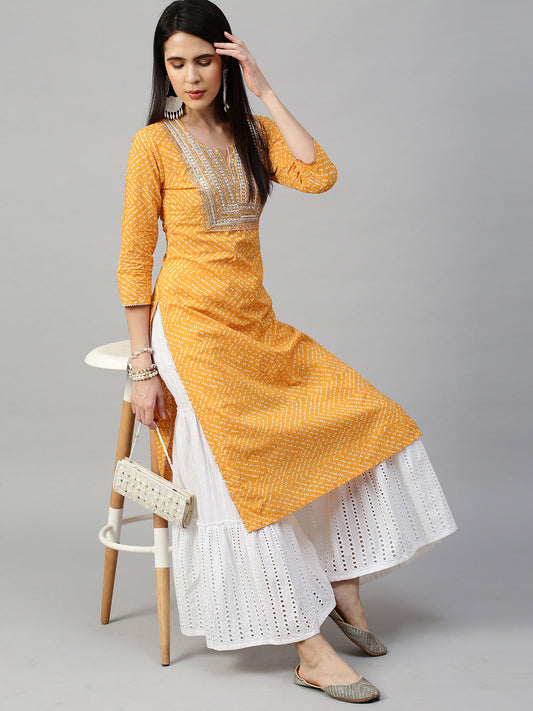 Bandhej Printed & Embroidered Kurta - Mustard