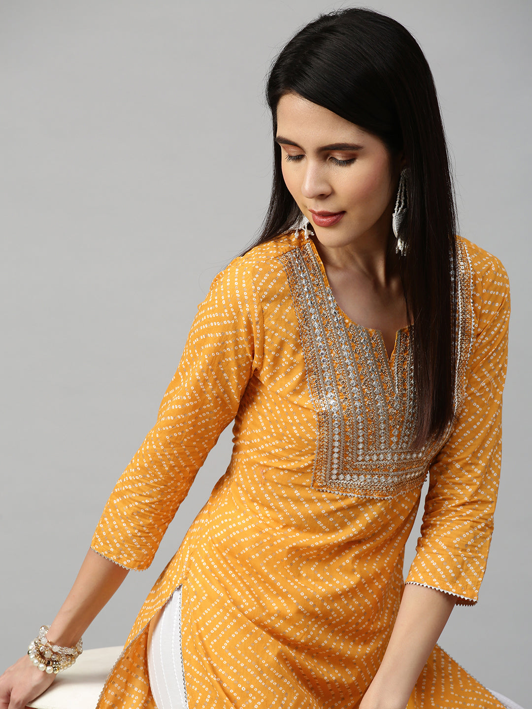 Bandhej Printed & Embroidered Kurta - Mustard