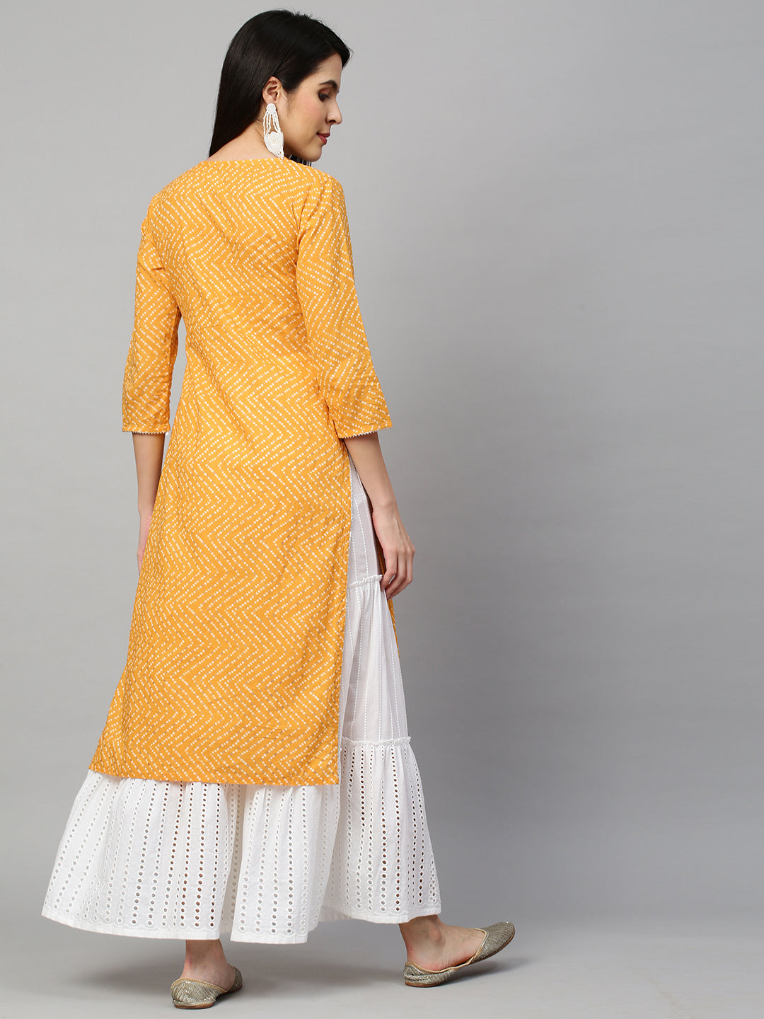 Bandhej Printed & Embroidered Kurta - Mustard