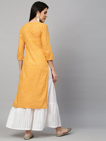 Bandhej Printed & Embroidered Kurta - Mustard