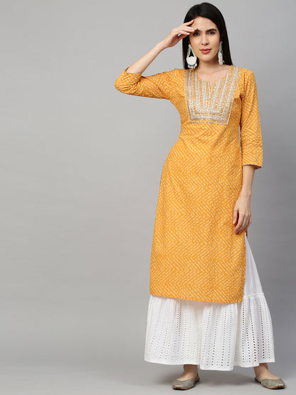 Bandhej Printed & Embroidered Kurta - Mustard