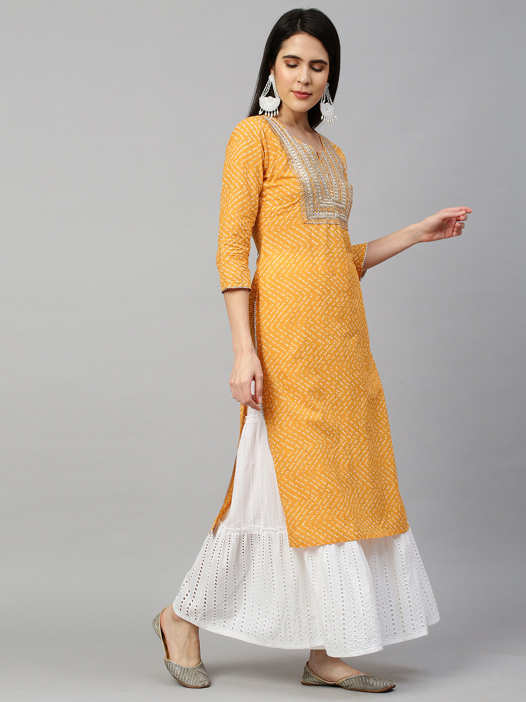 Bandhej Printed & Embroidered Kurta - Mustard