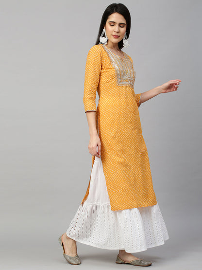 Bandhej Printed & Embroidered Kurta - Mustard