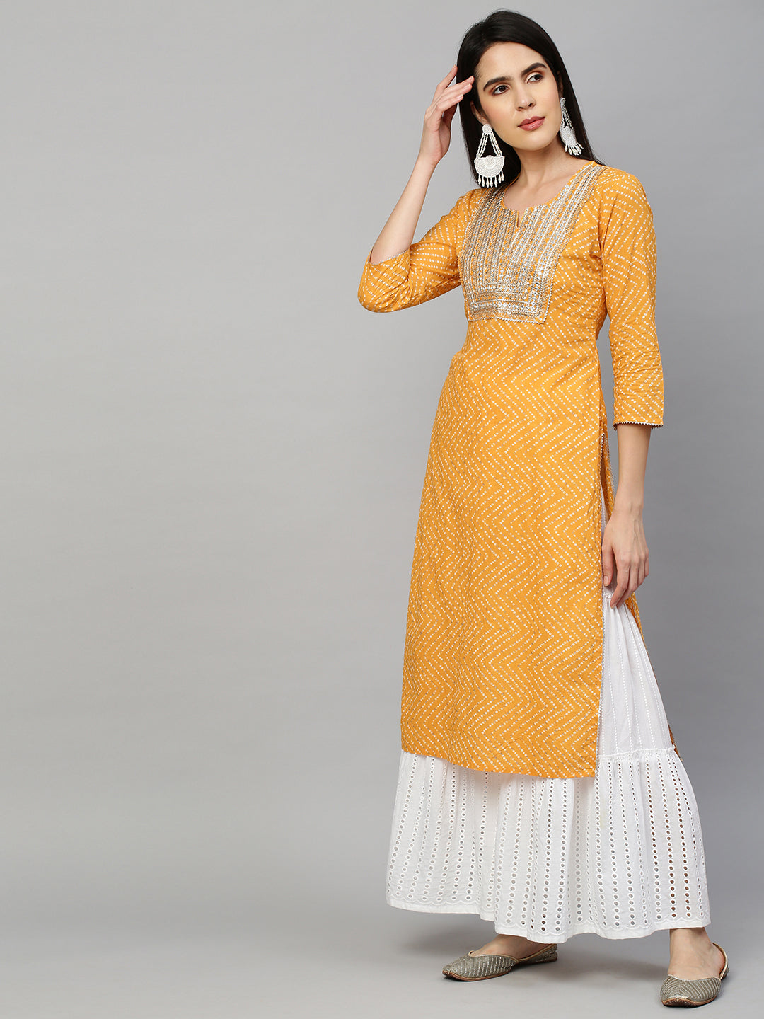 Bandhej Printed & Embroidered Kurta - Mustard