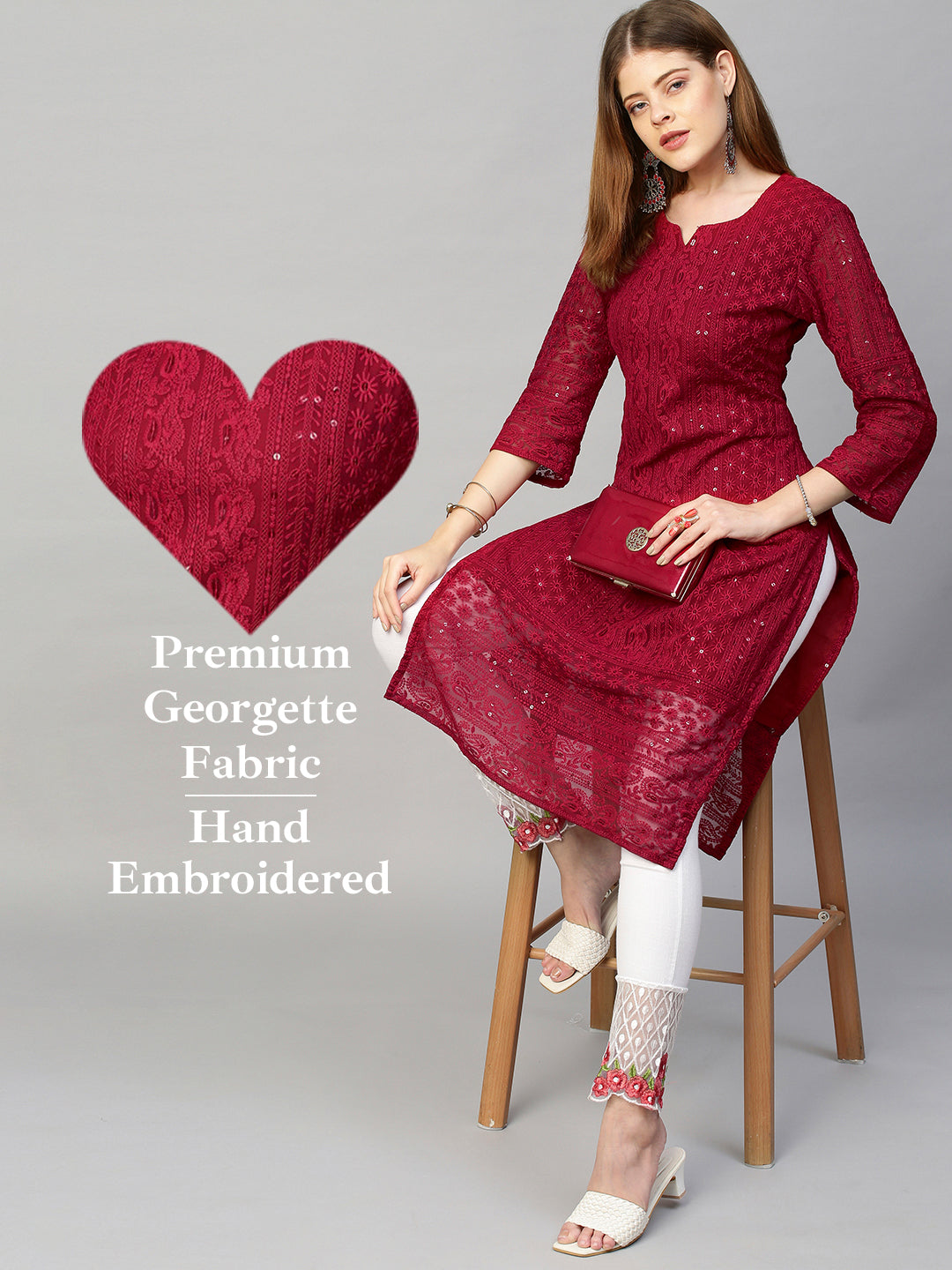 Chikankari Embroidered Straight Kurta - Deep Red