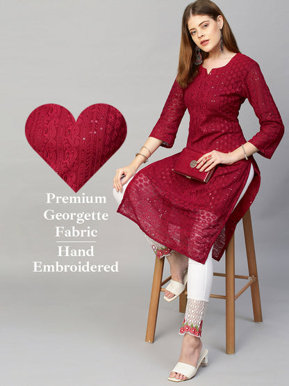 Chikankari Embroidered Straight Kurta - Deep Red
