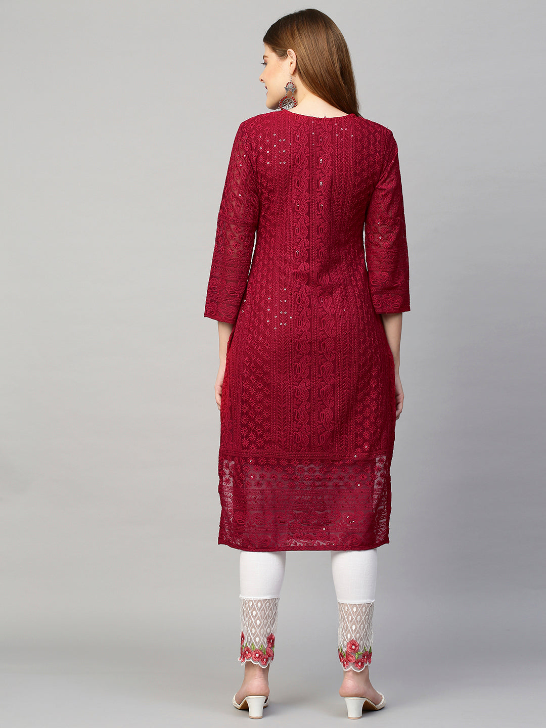 Chikankari Embroidered Straight Kurta - Deep Red
