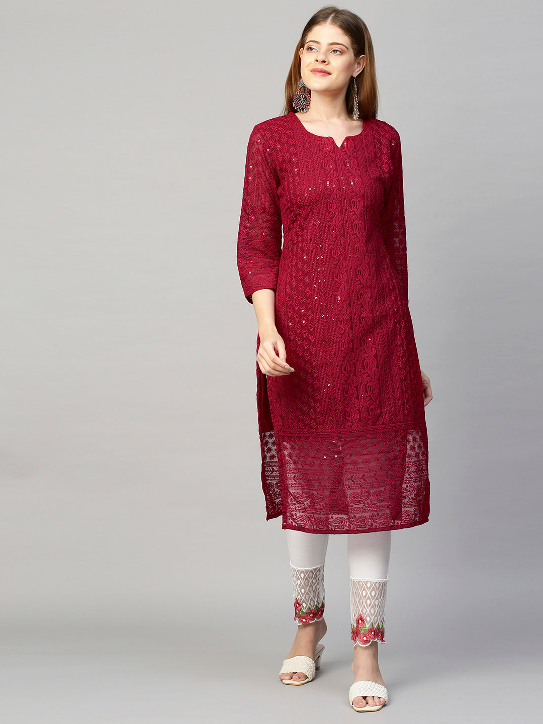 Chikankari Embroidered Straight Kurta - Deep Red