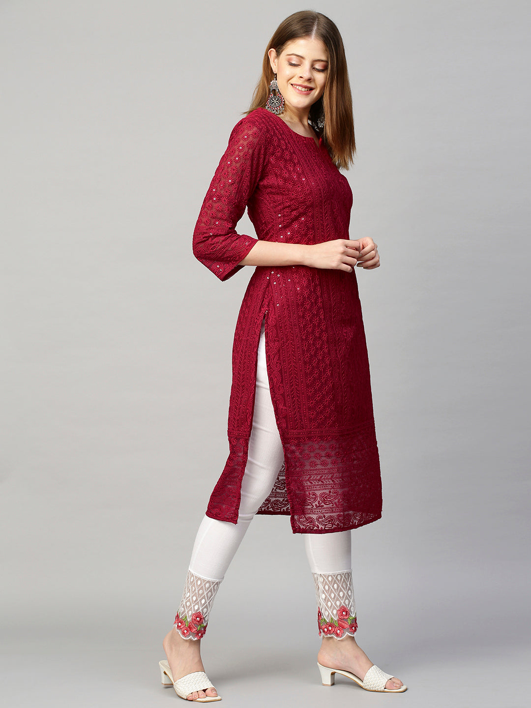 Chikankari Embroidered Straight Kurta - Deep Red