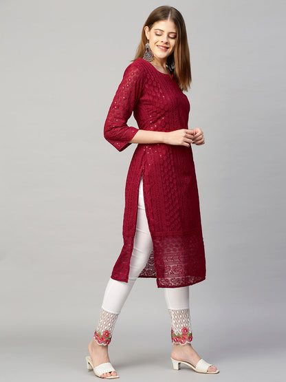 Chikankari Embroidered Straight Kurta - Deep Red