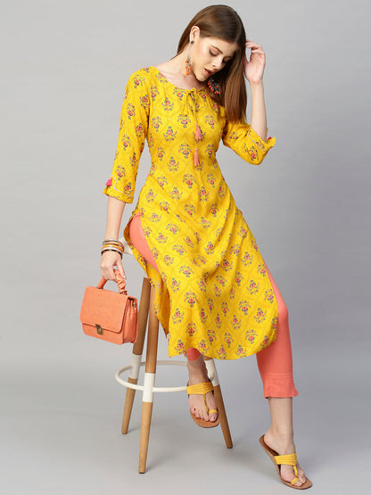 Floral Printed Straight Fit Kurta - Chrome Yellow