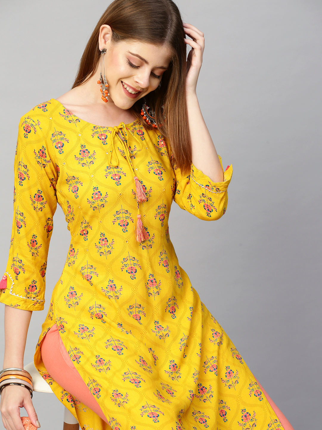 Floral Printed Straight Fit Kurta - Chrome Yellow