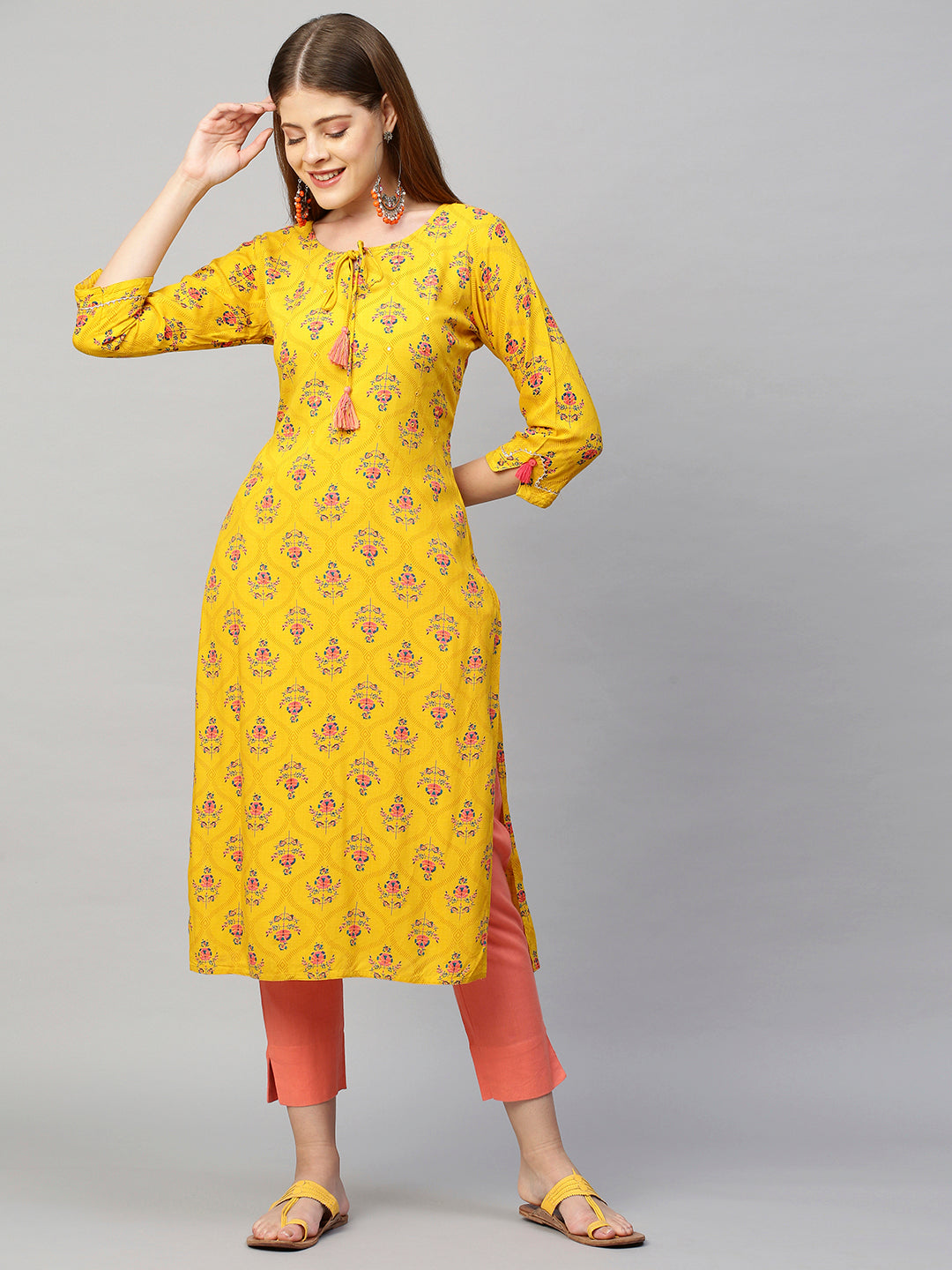 Floral Printed Straight Fit Kurta - Chrome Yellow