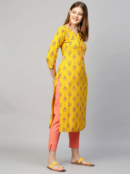 Floral Printed Straight Fit Kurta - Chrome Yellow