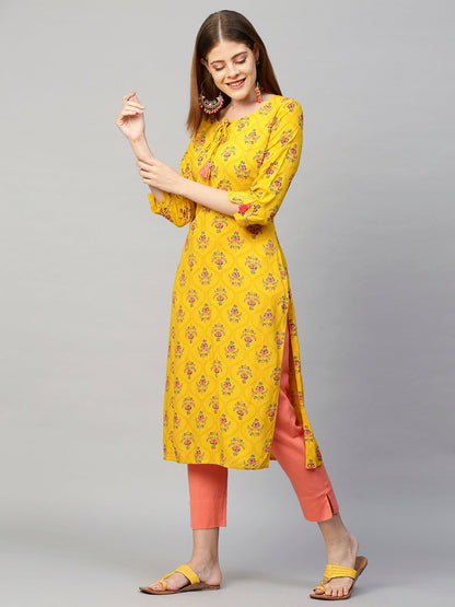 Floral Printed Straight Fit Kurta - Chrome Yellow