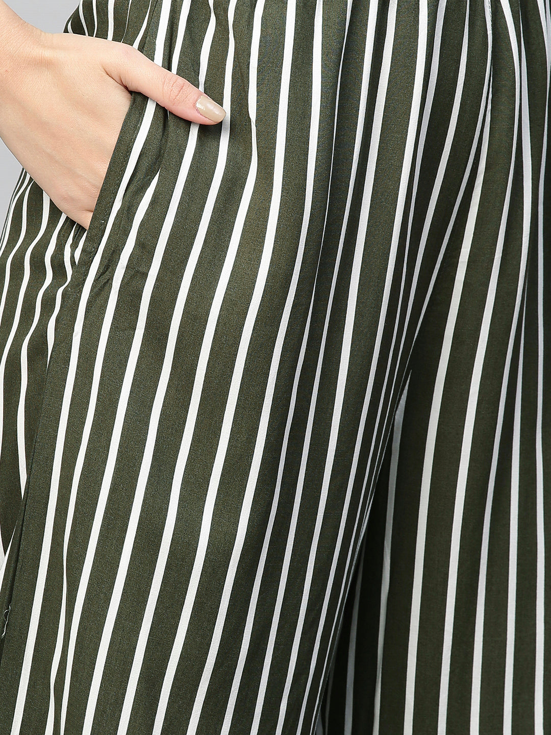 Straight Striped Jumpsuit with Belt - Moss Green