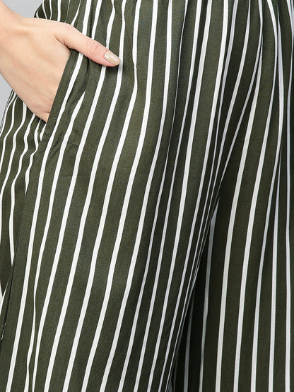 Straight Striped Jumpsuit with Belt - Moss Green