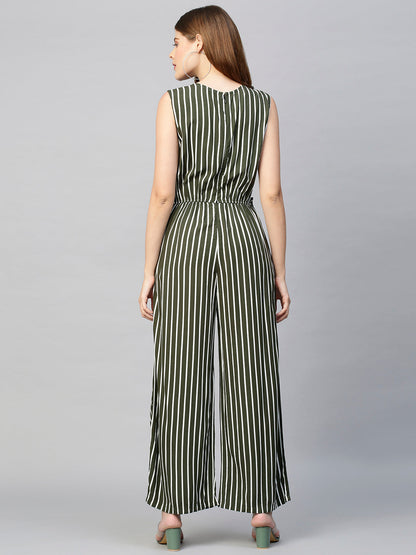 Straight Striped Jumpsuit with Belt - Moss Green