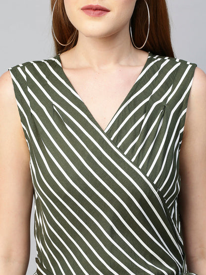 Straight Striped Jumpsuit with Belt - Moss Green