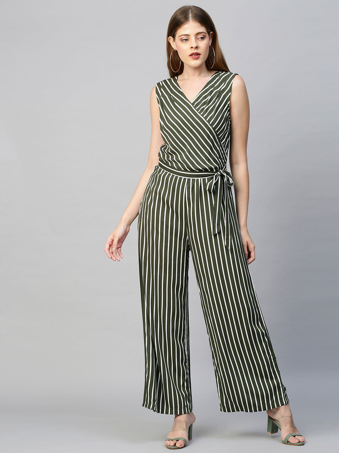 Straight Striped Jumpsuit with Belt - Moss Green