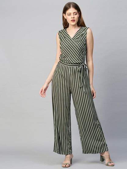 Straight Striped Jumpsuit with Belt - Moss Green