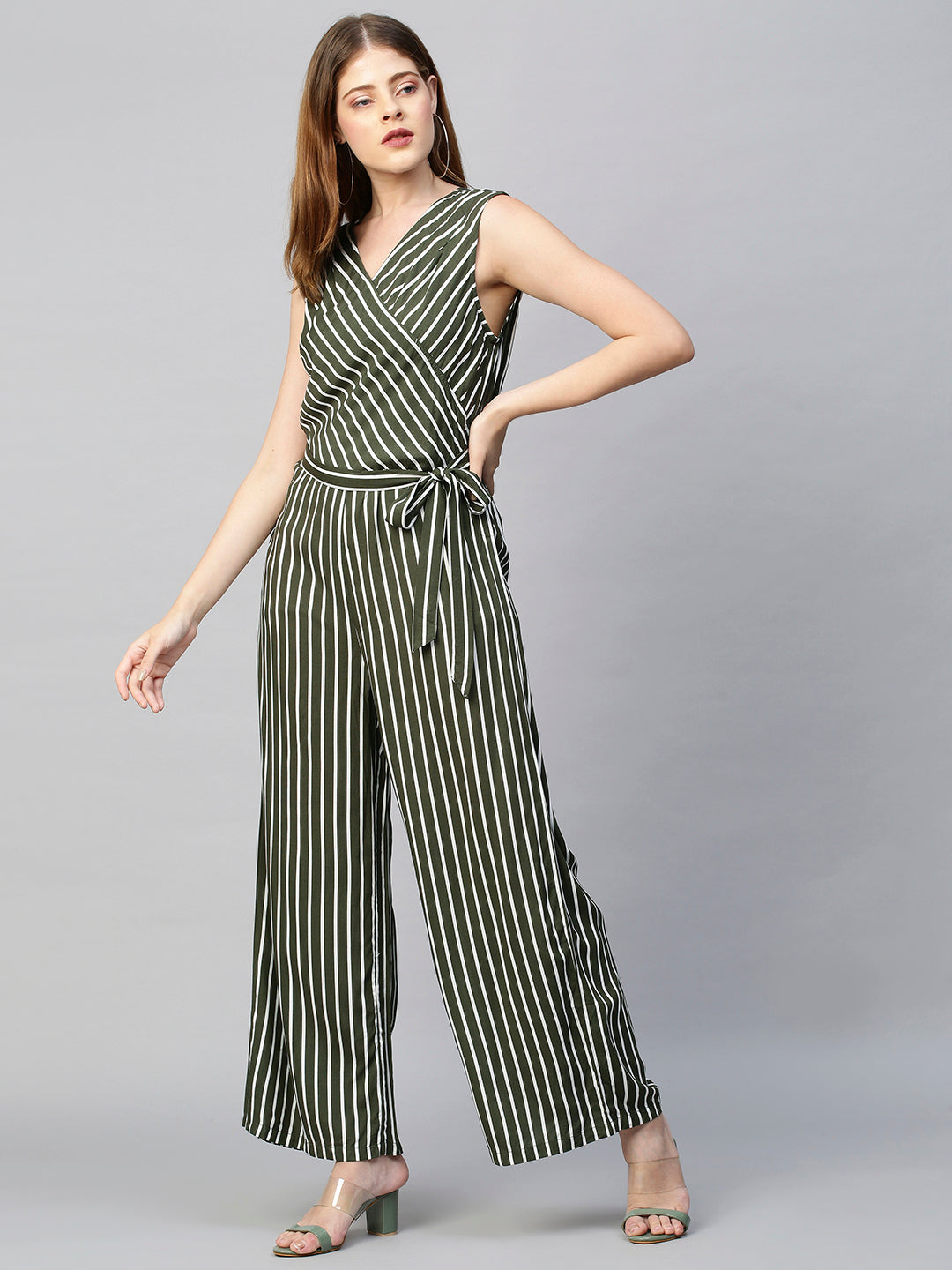 Straight Striped Jumpsuit with Belt - Moss Green
