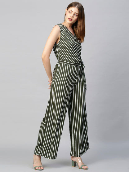 Straight Striped Jumpsuit with Belt - Moss Green