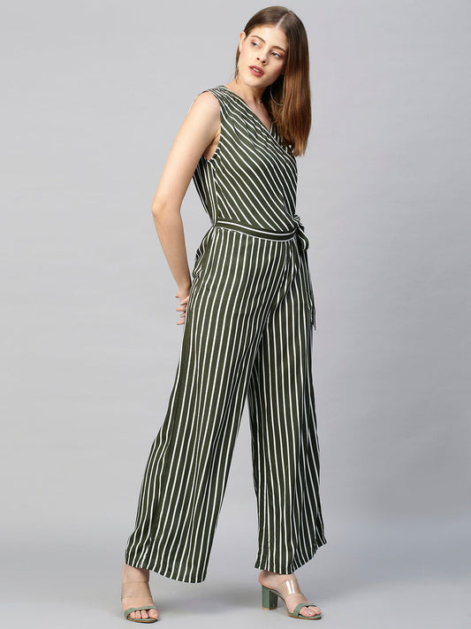 Straight Striped Jumpsuit with Belt - Moss Green