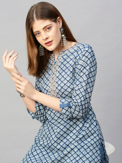 Ethnic Zari Embroidered Printed Kurta with Pants - Indigo Blue