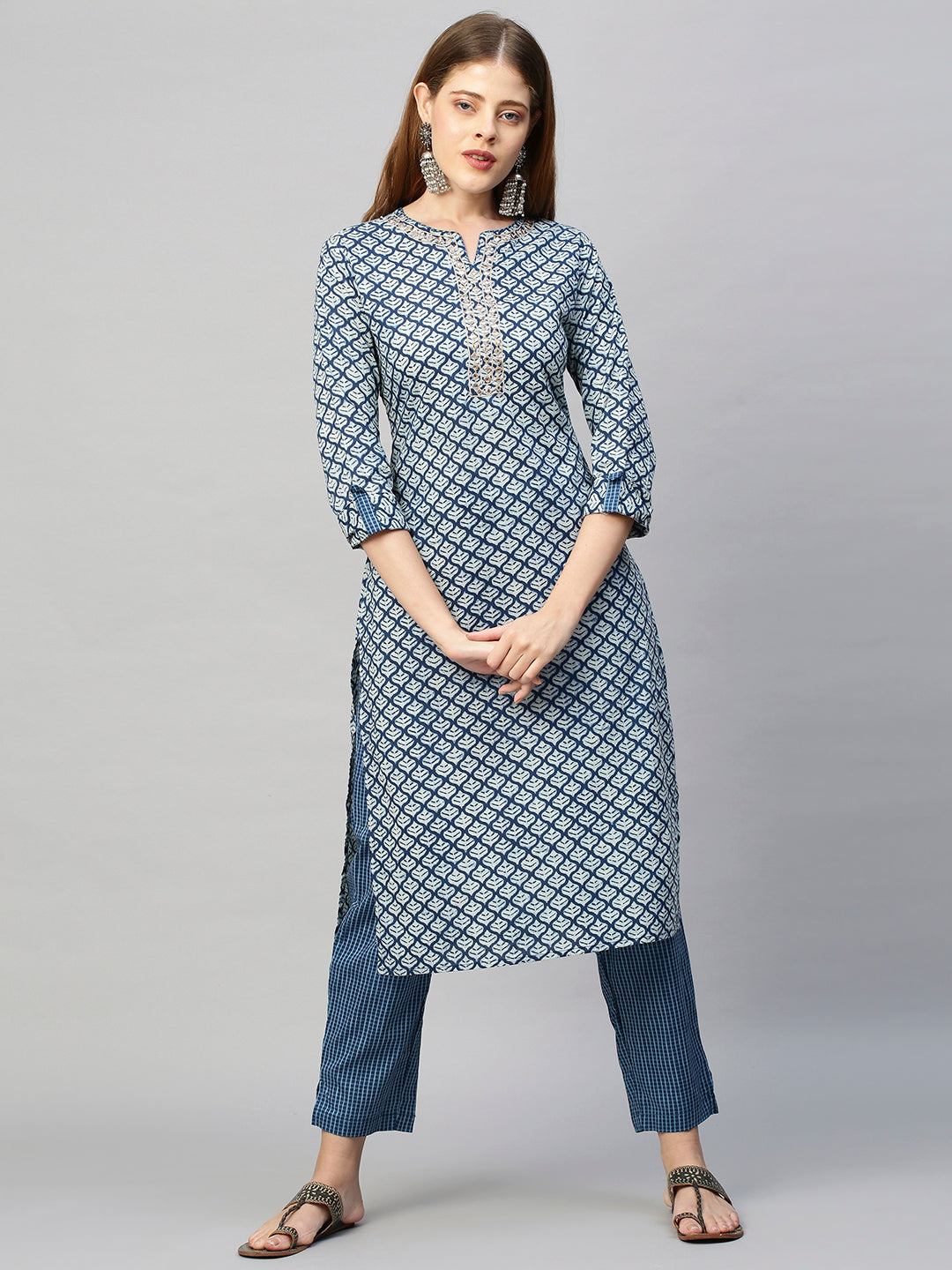 Ethnic Zari Embroidered Printed Kurta with Pants - Indigo Blue