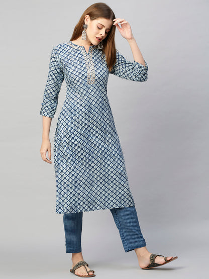 Ethnic Zari Embroidered Printed Kurta with Pants - Indigo Blue