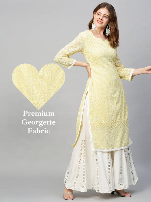 Chikankari Embroidered Straight Fit Kurta - Pastel Yellow