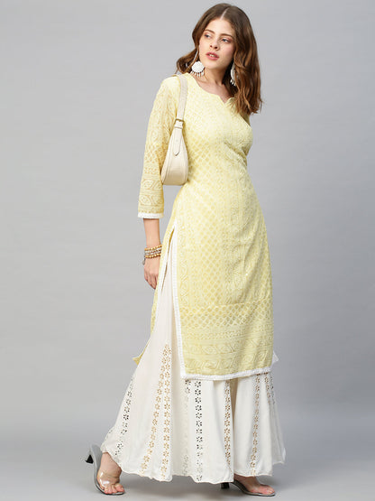 Chikankari Embroidered Straight Fit Kurta - Pastel Yellow