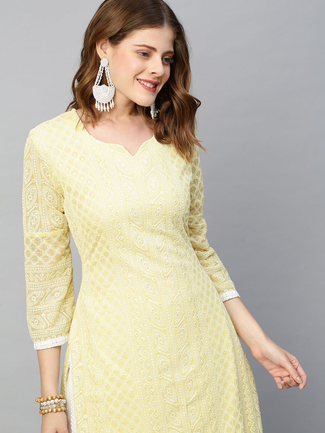 Chikankari Embroidered Straight Fit Kurta - Pastel Yellow