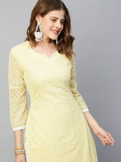 Chikankari Embroidered Straight Fit Kurta - Pastel Yellow