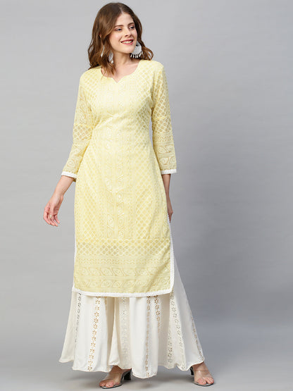 Chikankari Embroidered Straight Fit Kurta - Pastel Yellow