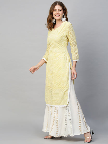 Chikankari Embroidered Straight Fit Kurta - Pastel Yellow
