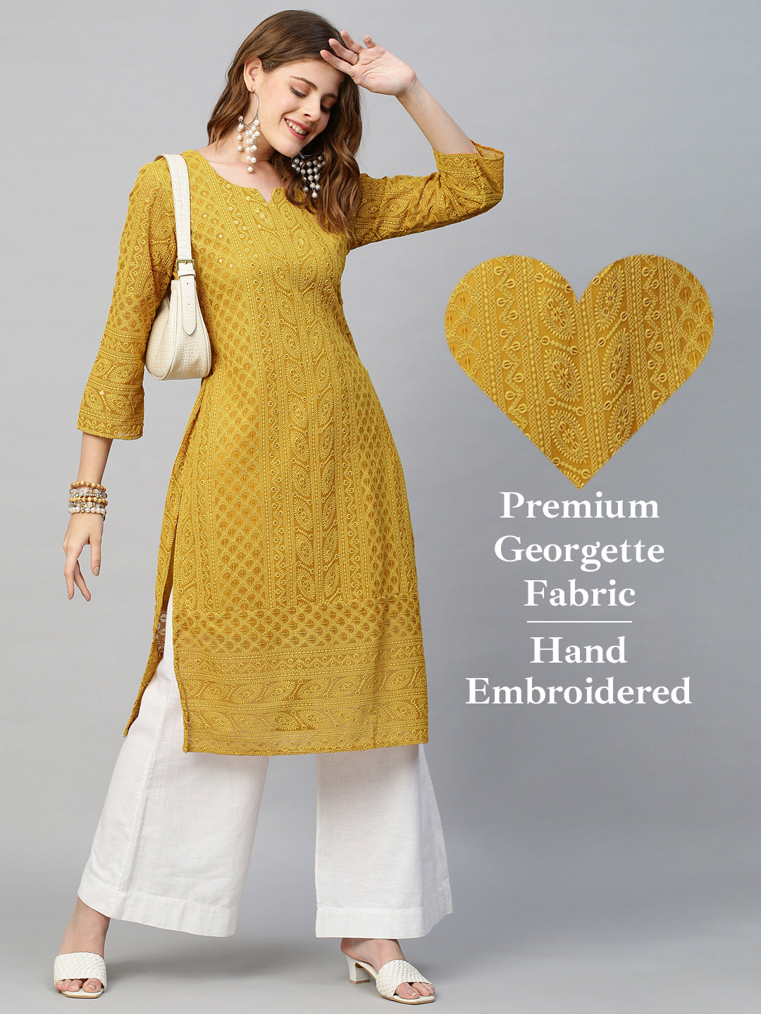 Chikankari Embroidered Straight Fit Kurta - Yellow