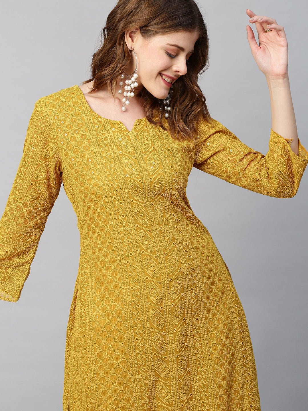 Chikankari Embroidered Straight Fit Kurta - Yellow