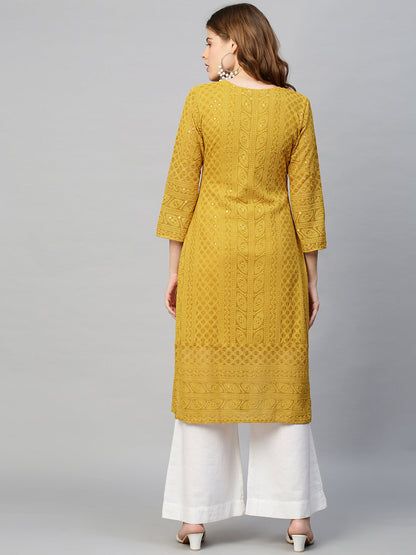 Chikankari Embroidered Straight Fit Kurta - Yellow