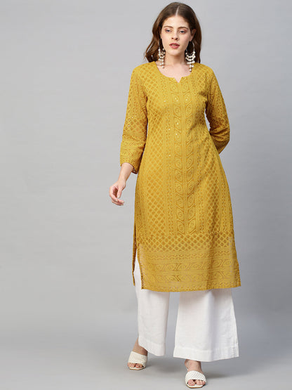 Chikankari Embroidered Straight Fit Kurta - Yellow