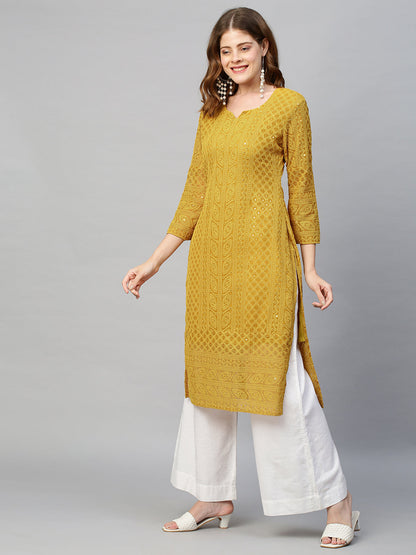 Chikankari Embroidered Straight Fit Kurta - Yellow