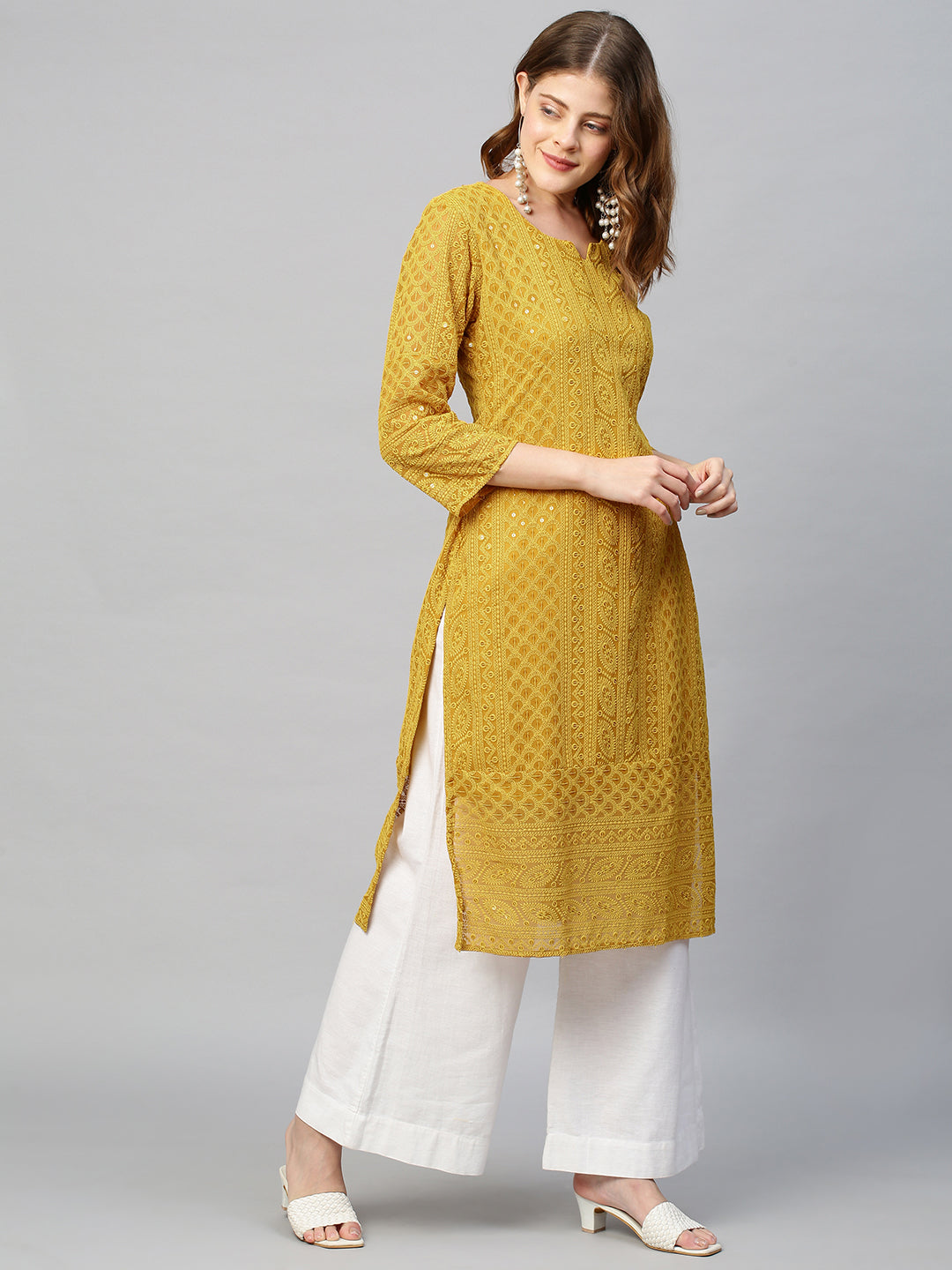 Chikankari Embroidered Straight Fit Kurta - Yellow