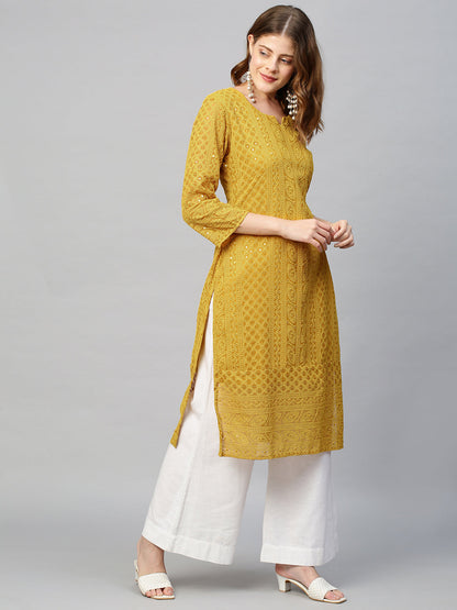 Chikankari Embroidered Straight Fit Kurta - Yellow