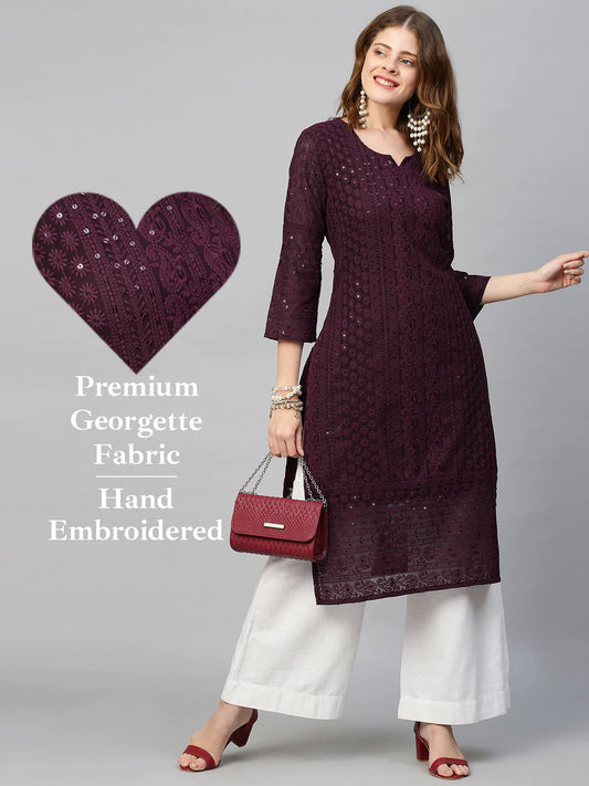 Chikankari Embroidered Straight Kurta - Deep Wine
