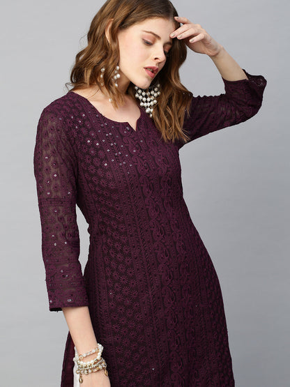 Chikankari Embroidered Straight Kurta - Deep Wine