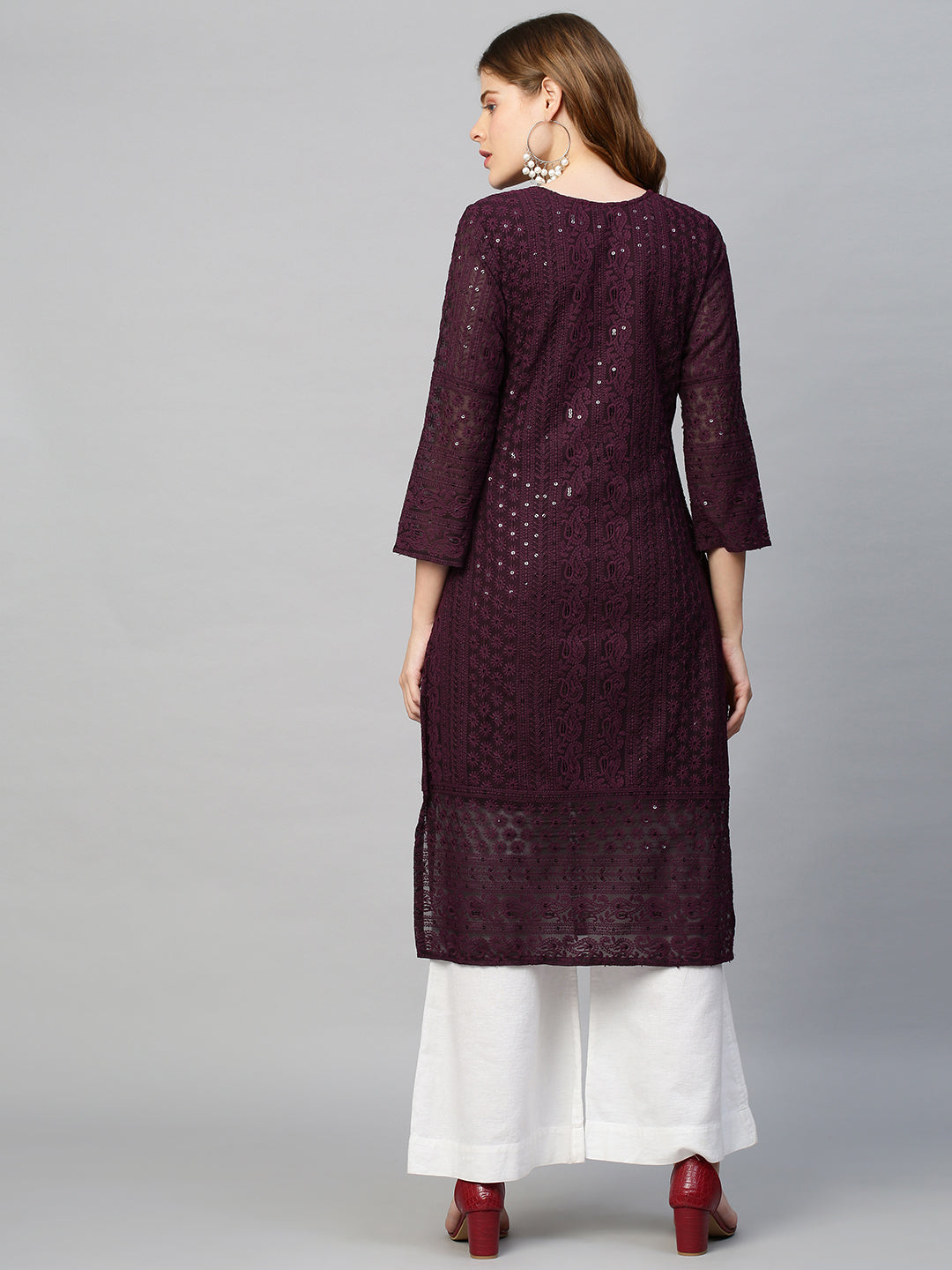 Chikankari Embroidered Straight Kurta - Deep Wine